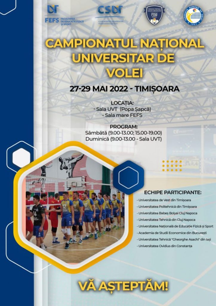 Afișul Finalei Campionatului Național Universitar masculin de volei de la Timișoara, 2022