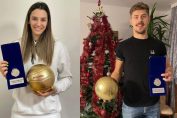 Alexia Căruțași și Adrian Aciobăniței, cu trofeele primite din partea FRV